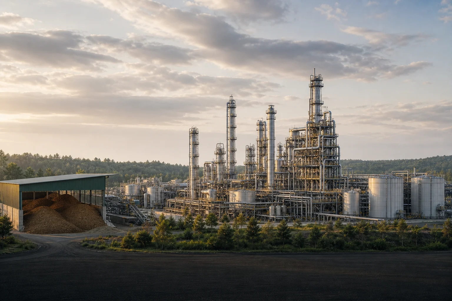 Commercial advanced biofuels refinery with reactor vessels, pipework, and biomass processing infrastructure