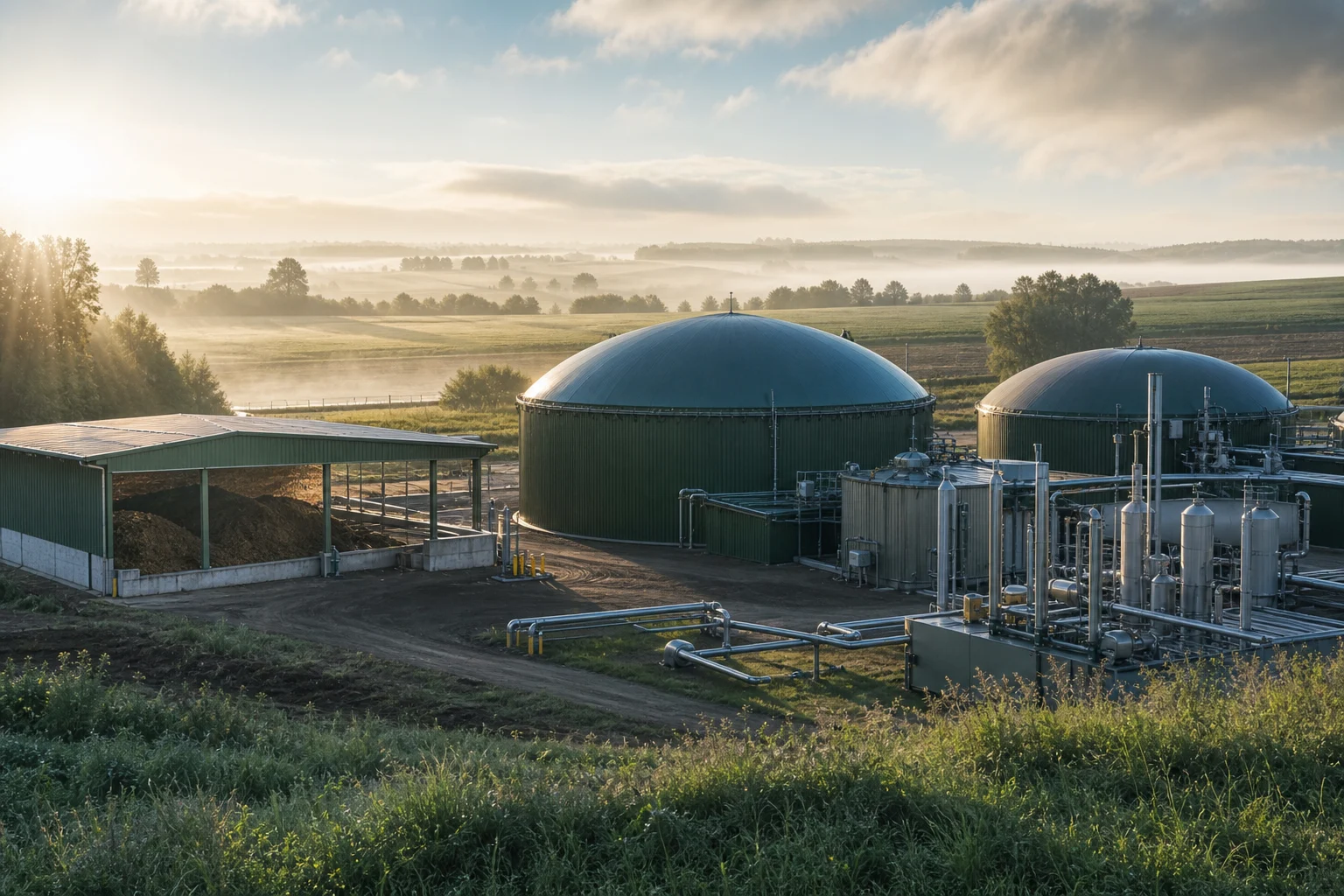 Renewable natural gas facility with anaerobic digesters, upgrading equipment, and agricultural feedstock