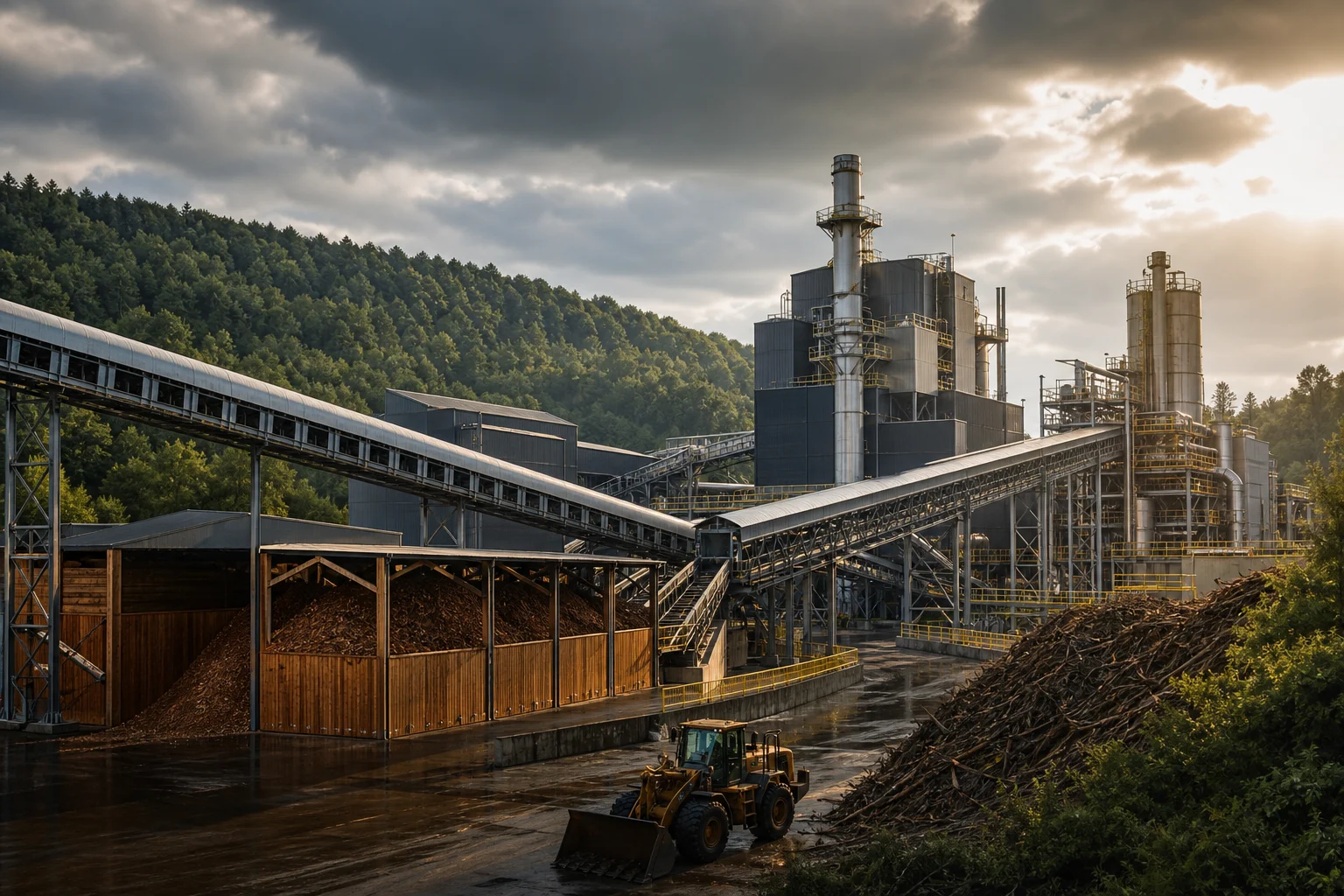 Modern waste-to-energy and biomass campus with feedstock conveyors and clean conversion equipment