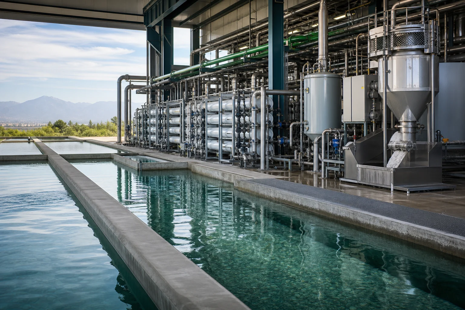 Advanced water reclamation facility with clear treatment basins and resource recovery equipment